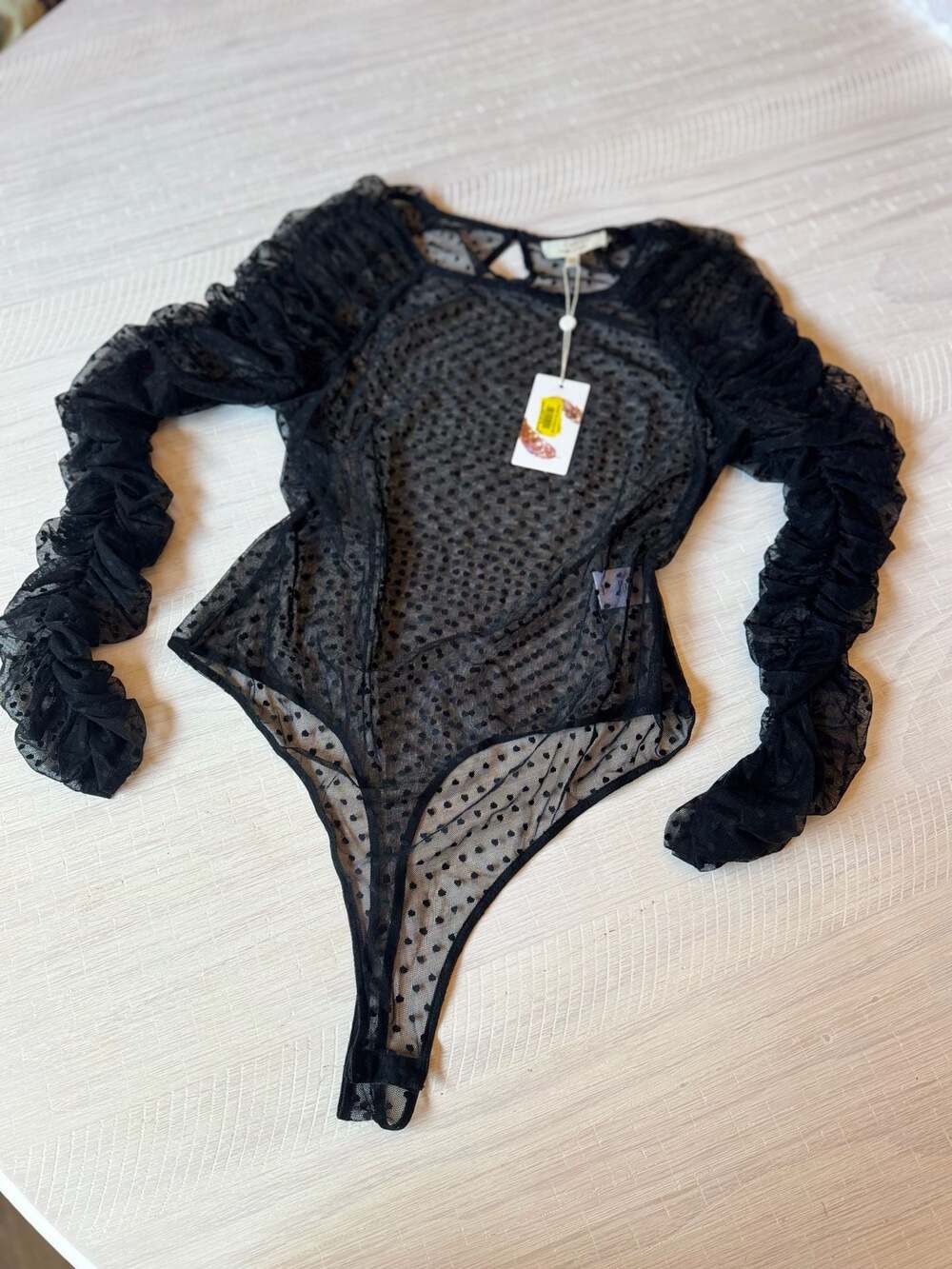 Chelsea & Violet Black Swiss Dot Sheer Mesh Long Sleeve Ruched Bodysuit XL